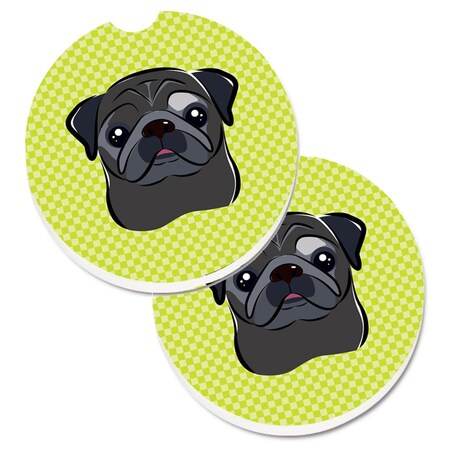 Carolines Treasures Checkerboard Lime Green and Black Pug Set of 2 Cup Holder Car Coaster BB1325CARC